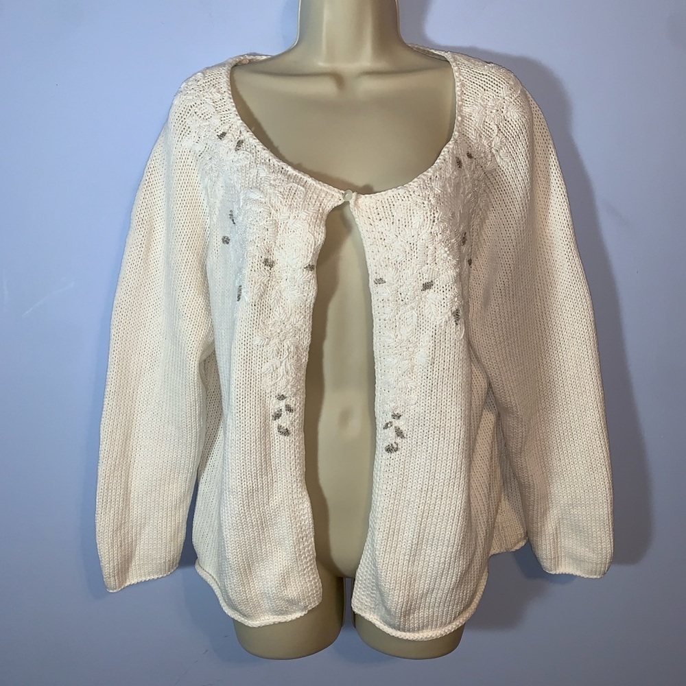Talbots vintage cotton single button scoop neck cardigan beaded XL snowflakes